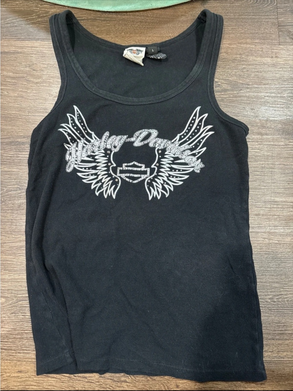 y2k Harley-Davidson Black Tank Top with Silver Winged Logo